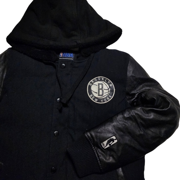 BROOKLYN 67 New York Nets Duck down filled Varsity Jacket Detachable Hood Mens L - Picture 12 of 16